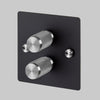 Two Gang 2-Way Dimmer Light Switch in Black & Steel with Knurled Knobs