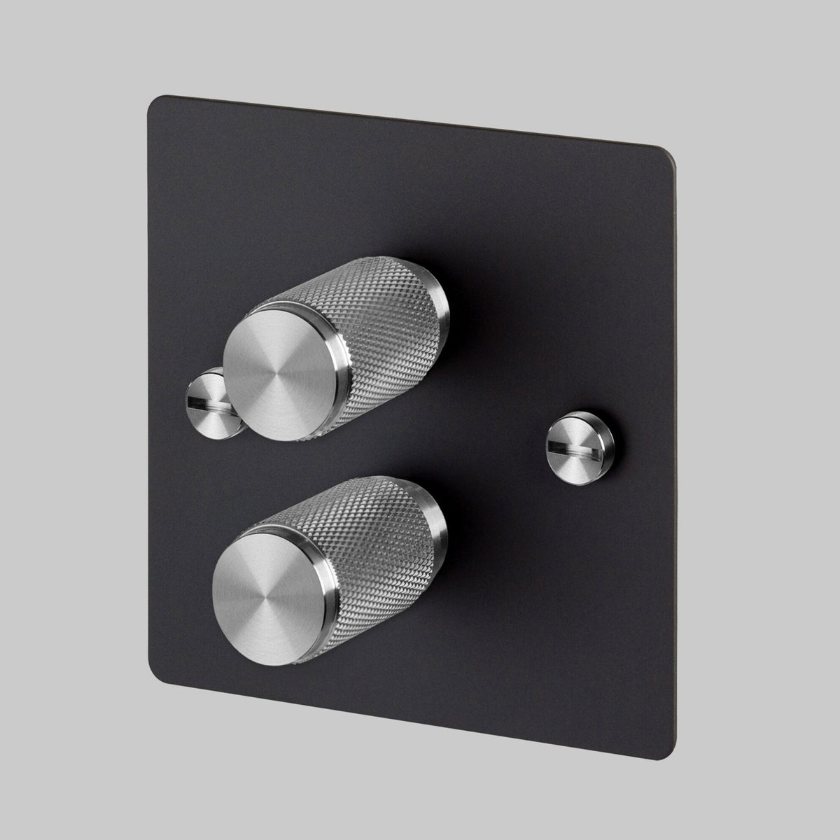 Two Gang 2-Way Dimmer Light Switch in Black & Steel with Knurled Knobs