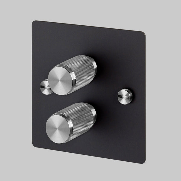 Two Gang 2-Way Dimmer Light Switch in Black & Steel with Knurled Knobs