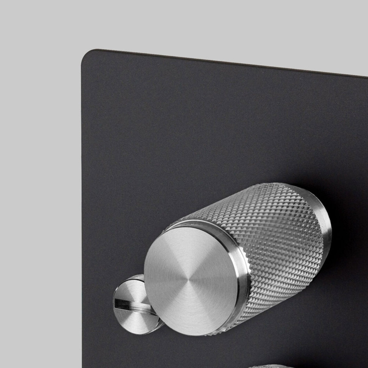 Two Gang 2-Way Dimmer Light Switch in Black & Steel with Knurled Knobs