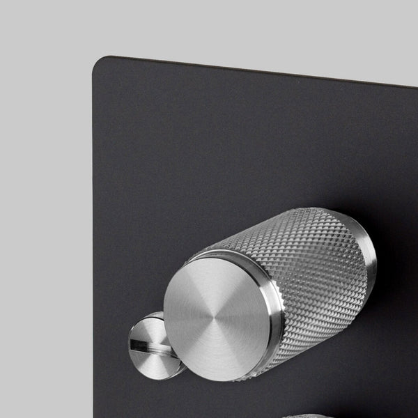Two Gang 2-Way Dimmer Light Switch in Black & Steel with Knurled Knobs