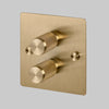 Two Gang 2-Way Dimmer Light Switch in Solid Brass with Knurled Knobs