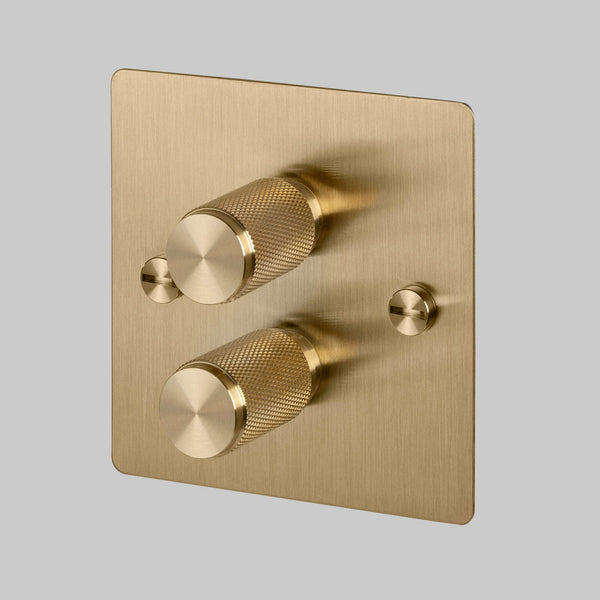 Two Gang 2-Way Dimmer Light Switch in Solid Brass with Knurled Knobs