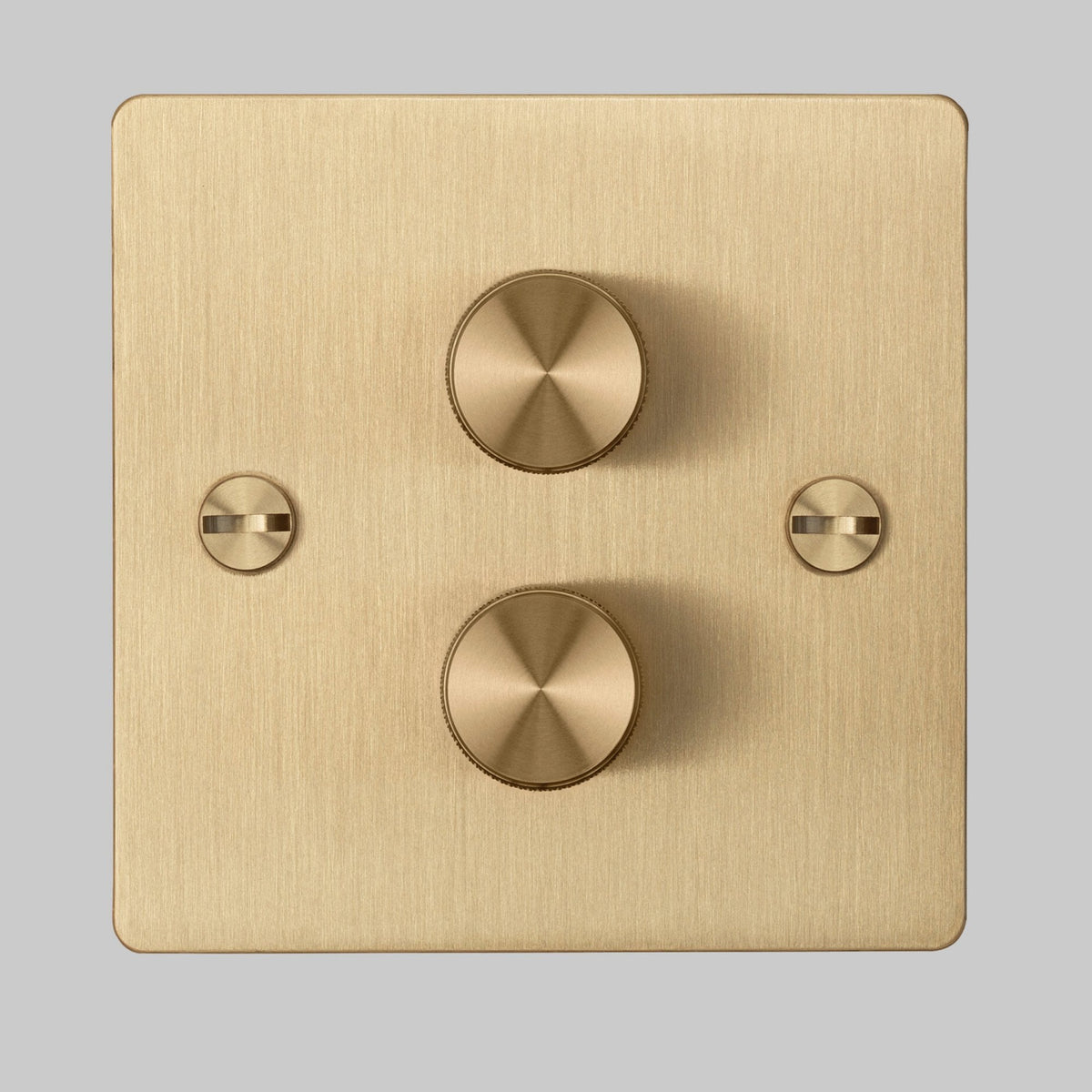 Two Gang 2-Way Dimmer Light Switch in Solid Brass with Knurled Knobs