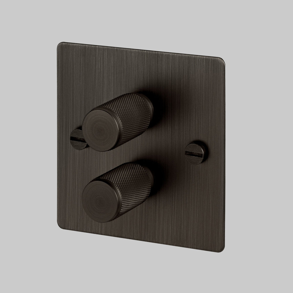 Two Gang 2-Way Dimmer Light Switch in Smoked Bronze with Knurled Knobs