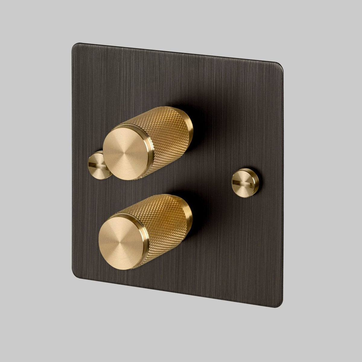 Two Gang 2-Way Dimmer Light Switch in Smoked Bronze & Brass with Knurled Knobs