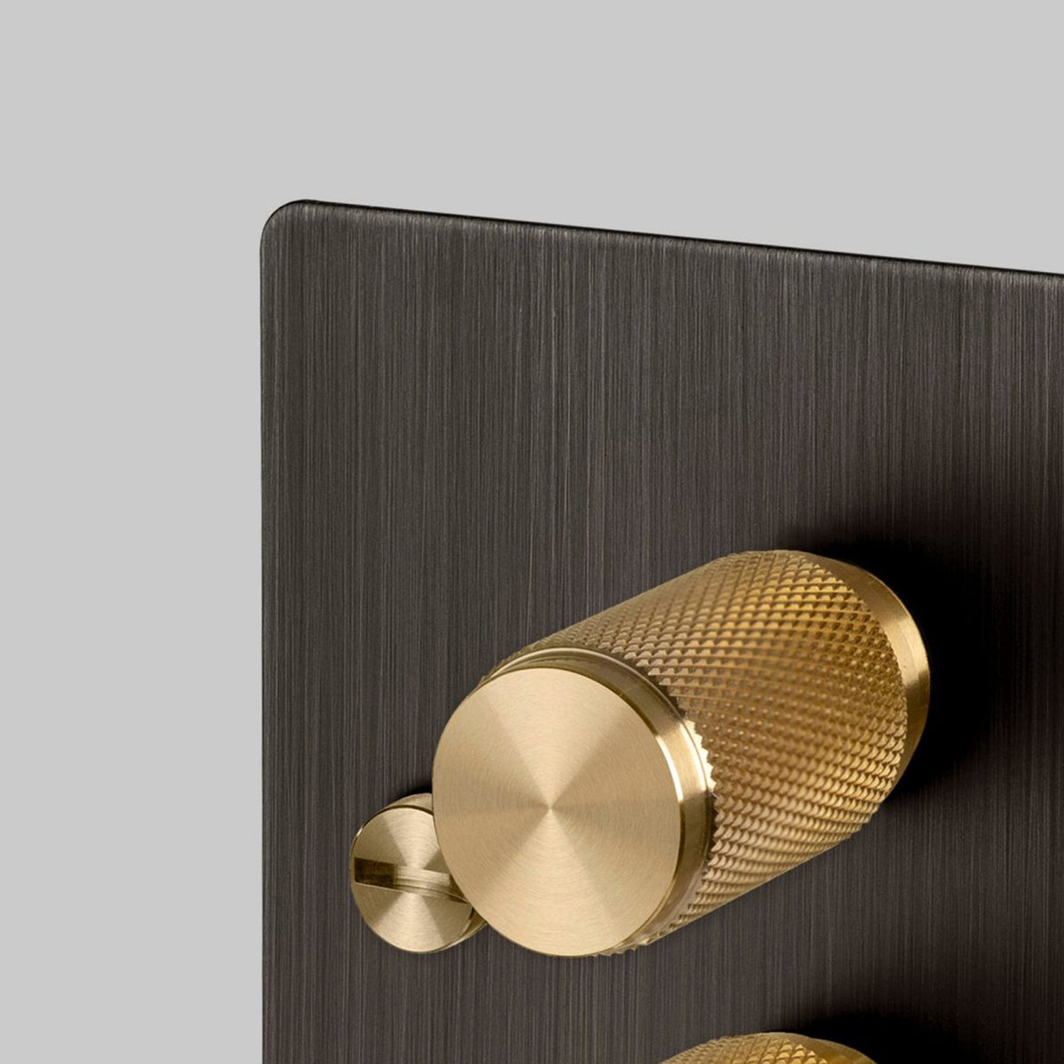 Two Gang 2-Way Dimmer Light Switch in Smoked Bronze & Brass with Knurled Knobs