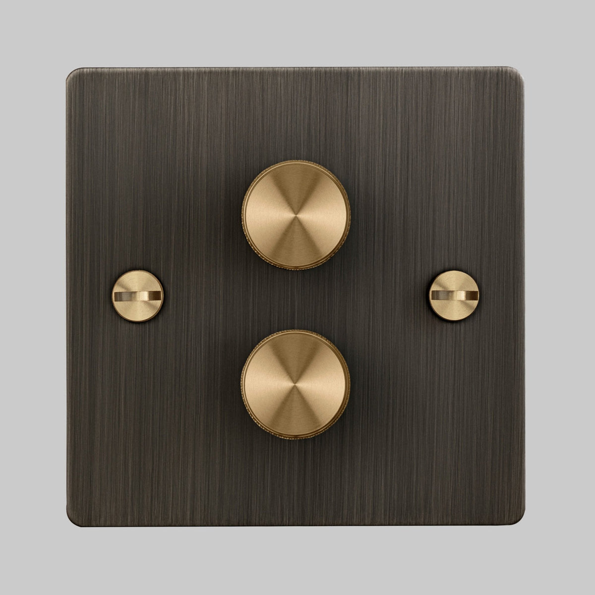 Two Gang 2-Way Dimmer Light Switch in Smoked Bronze & Brass with Knurled Knobs