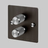 Two Gang 2-Way Dimmer Light Switch in Smoked Bronze & Steel with Knurled Knobs