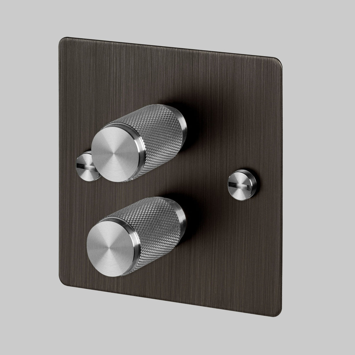 Two Gang 2-Way Dimmer Light Switch in Smoked Bronze & Steel with Knurled Knobs