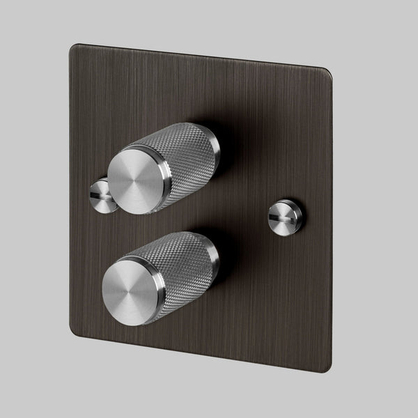 Two Gang 2-Way Dimmer Light Switch in Smoked Bronze & Steel with Knurled Knobs