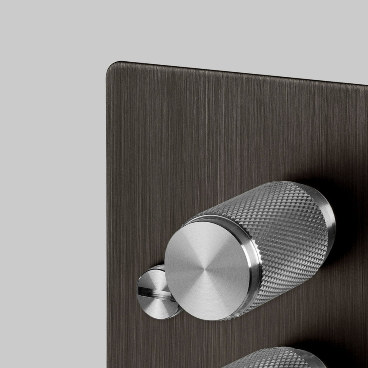 Two Gang 2-Way Dimmer Light Switch in Smoked Bronze & Steel with Knurled Knobs