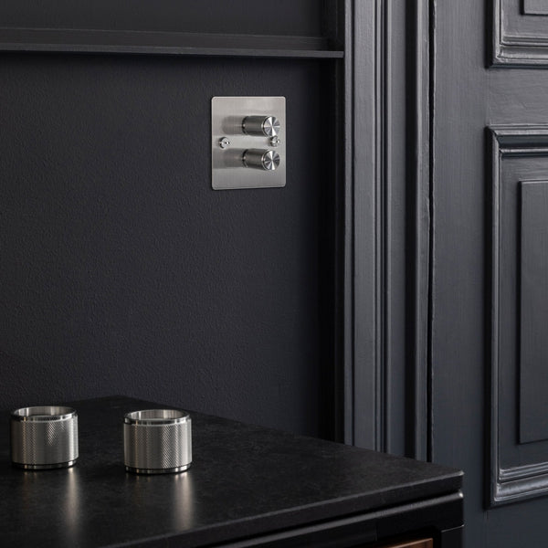 Two Gang 2-Way Dimmer Light Switch in Steel with Knurled Knobs