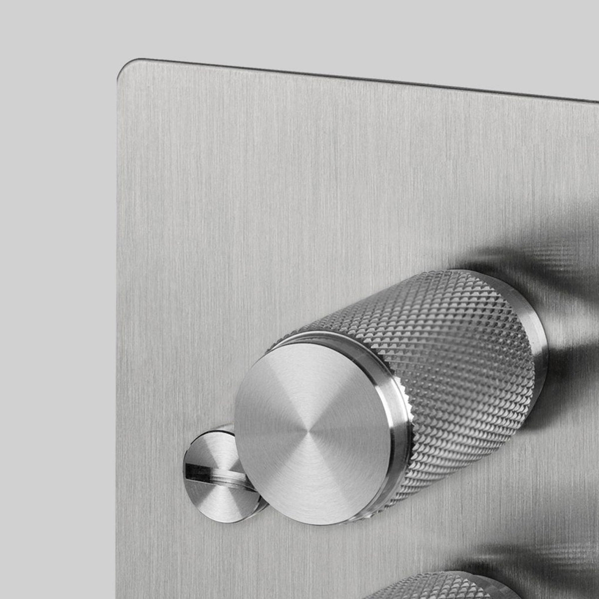 Two Gang 2-Way Dimmer Light Switch in Steel with Knurled Knobs