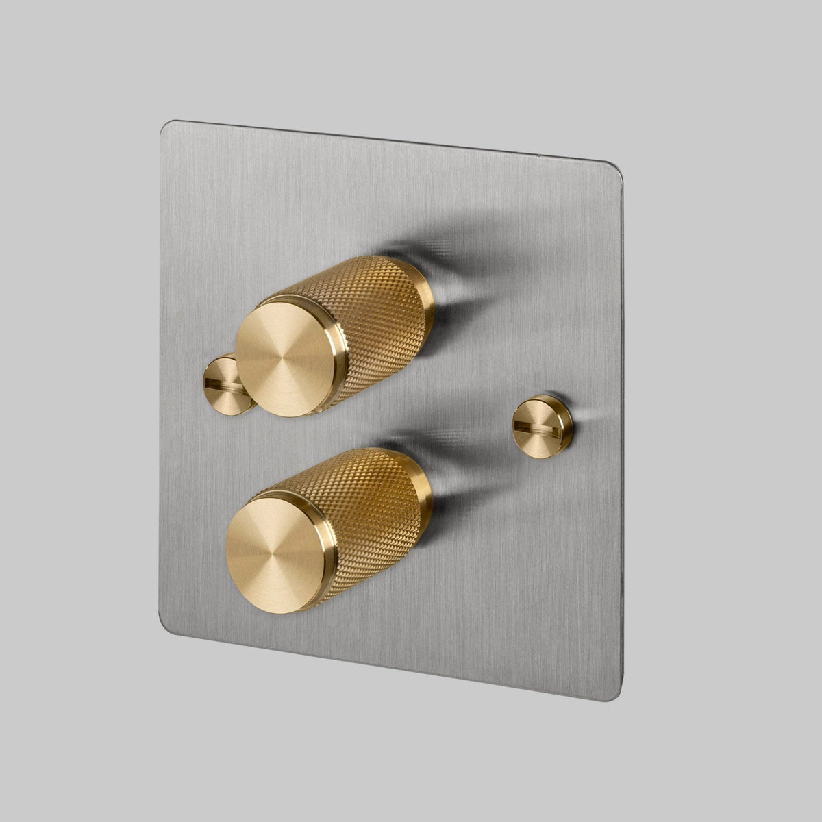 Two Gang 2-Way Dimmer Light Switch in Solid Steel & Brass with Knurled Knobs