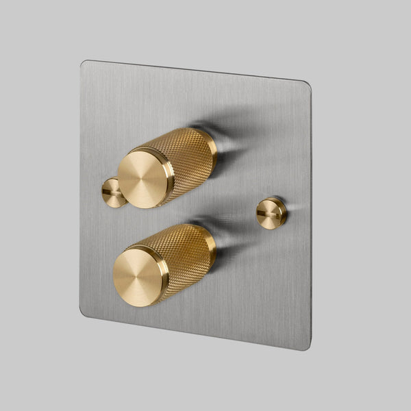 Two Gang 2-Way Dimmer Light Switch in Solid Steel & Brass with Knurled Knobs