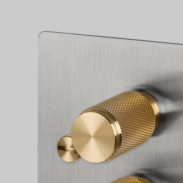 Two Gang 2-Way Dimmer Light Switch in Solid Steel & Brass with Knurled Knobs
