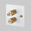 Two Gang 2-Way Dimmer Light Switch in White & Brass with Knurled Knobs