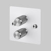 Two Gang 2-Way Dimmer Light Switch in White & Steel with Knurled Knobs