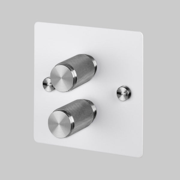 Two Gang 2-Way Dimmer Light Switch in White & Steel with Knurled Knobs