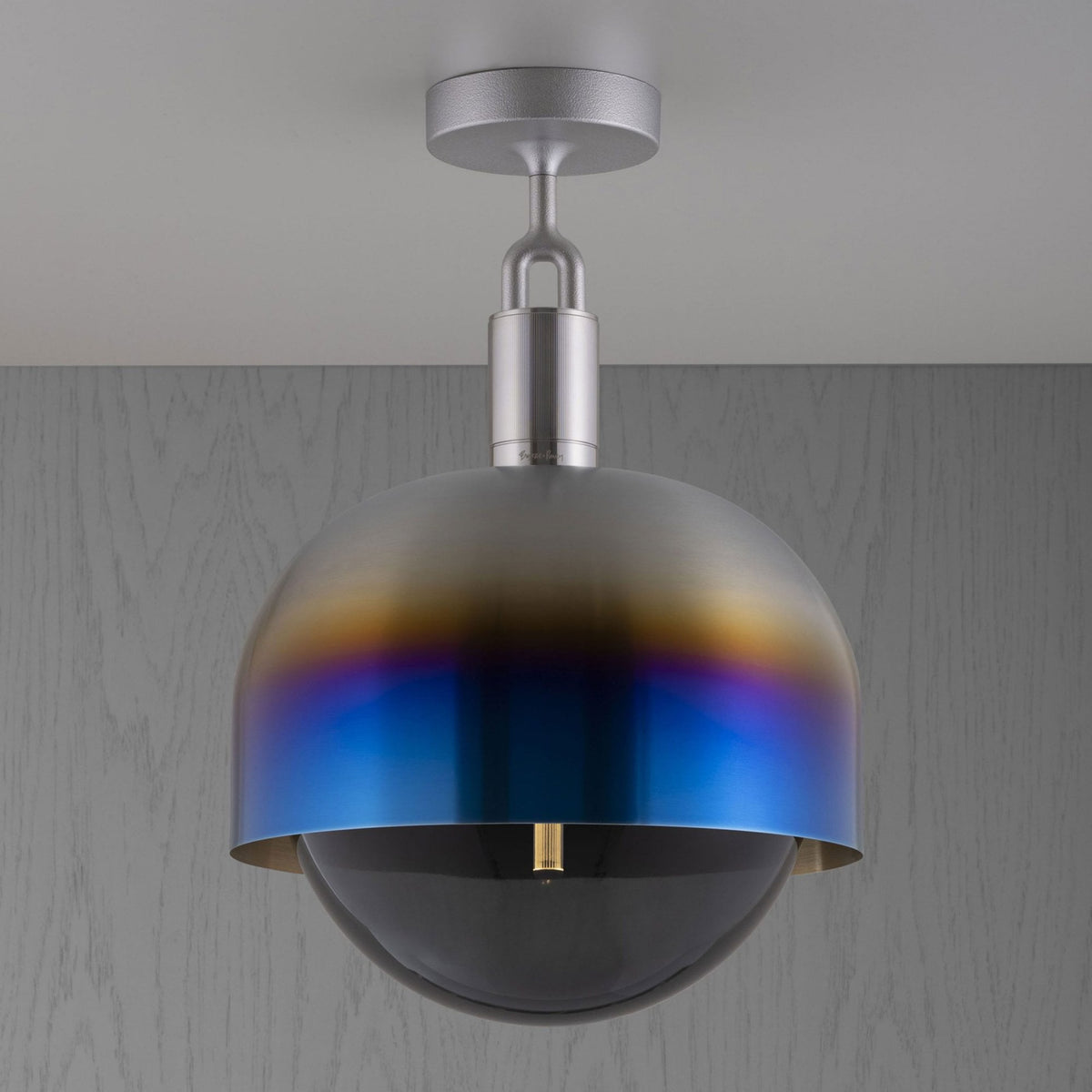 Forked Shade Ceiling Light in a Burnt Steel Finish with Large Smoked Globe