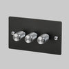 Three Gang 2-Way Dimmer Light Switch in Black & Steel with Knurled Knobs