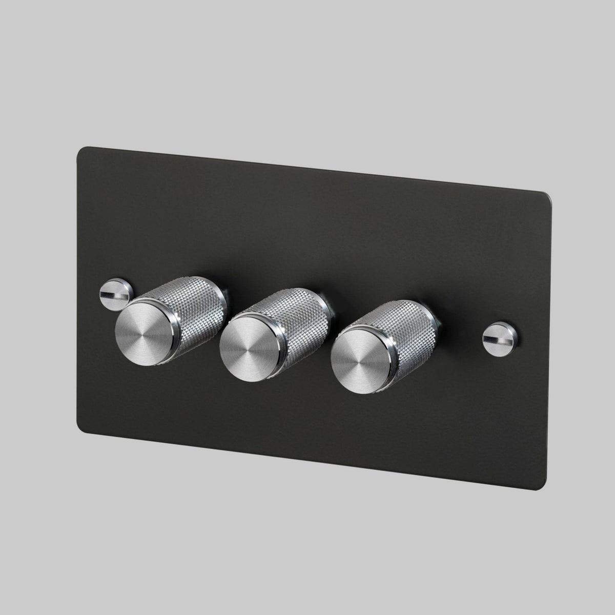 Three Gang 2-Way Dimmer Light Switch in Black & Steel with Knurled Knobs