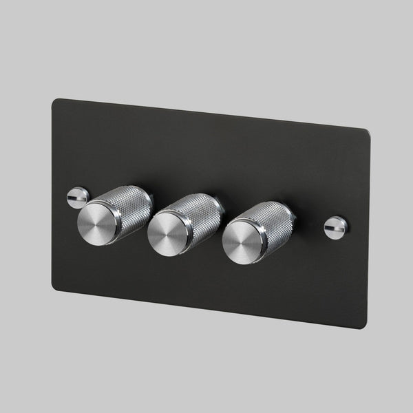 Three Gang 2-Way Dimmer Light Switch in Black & Steel with Knurled Knobs