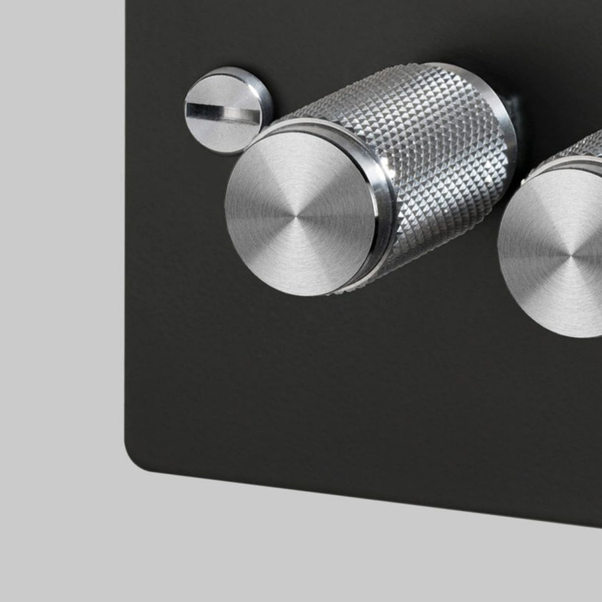 Three Gang 2-Way Dimmer Light Switch in Black & Steel with Knurled Knobs
