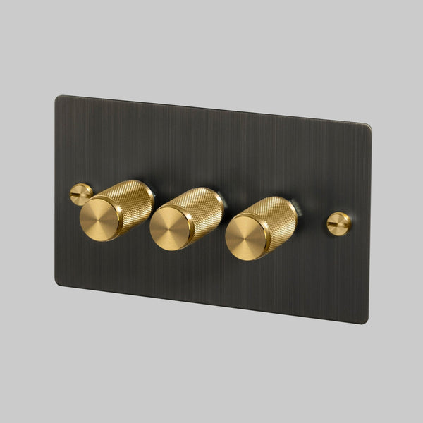 Three Gang 2-Way Dimmer Light Switch in Smoked Bronze & Brass with Knurled Knobs