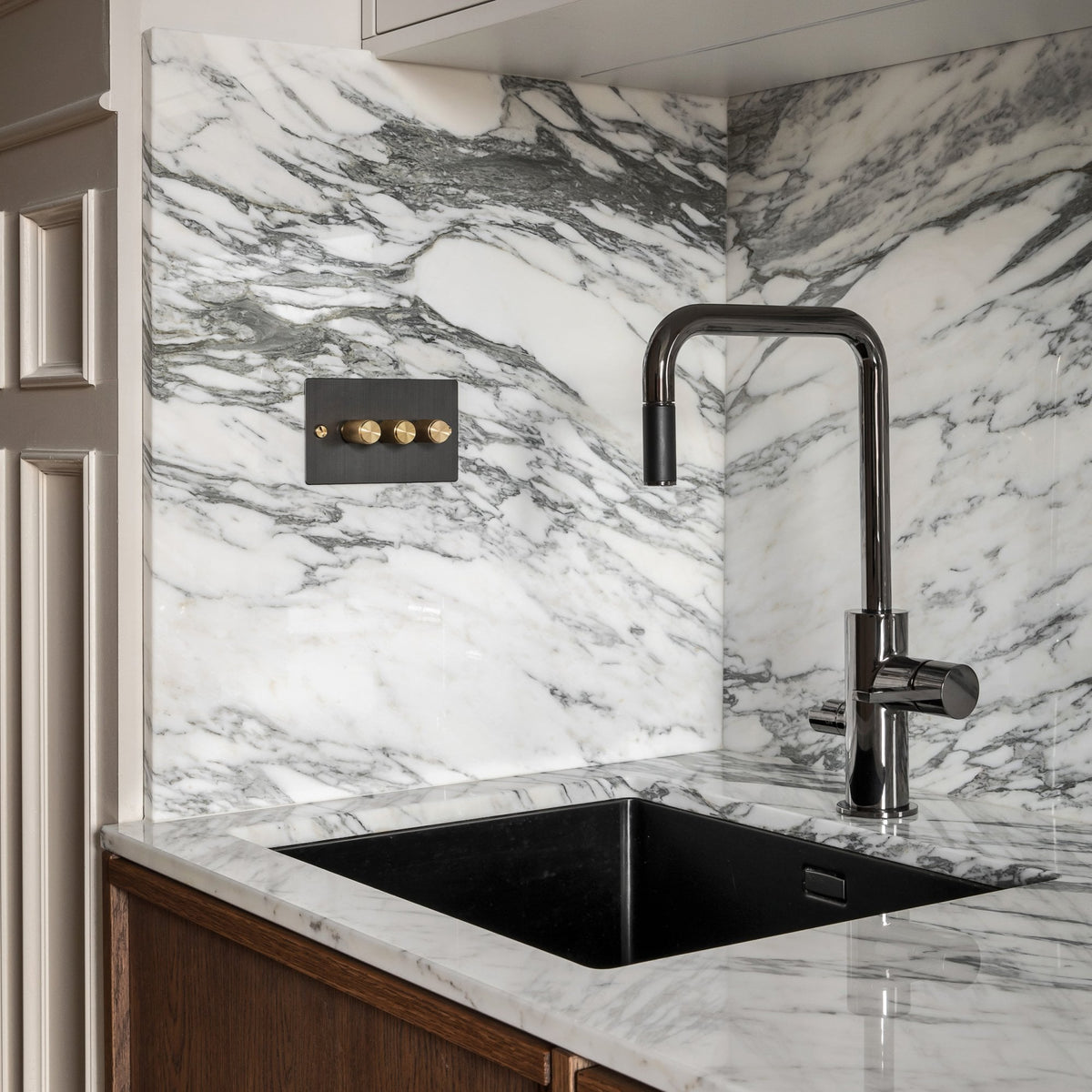 Three Gang 2-Way Dimmer Light Switch in Smoked Bronze & Brass with Knurled Knobs