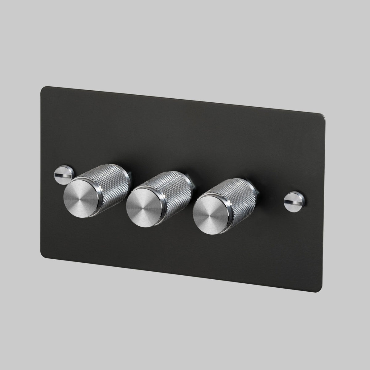 Three Gang 2-Way Dimmer Light Switch in Smoked Bronze & Steel with Knurled Knobs