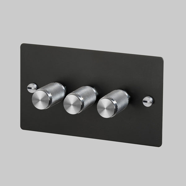 Three Gang 2-Way Dimmer Light Switch in Smoked Bronze & Steel with Knurled Knobs
