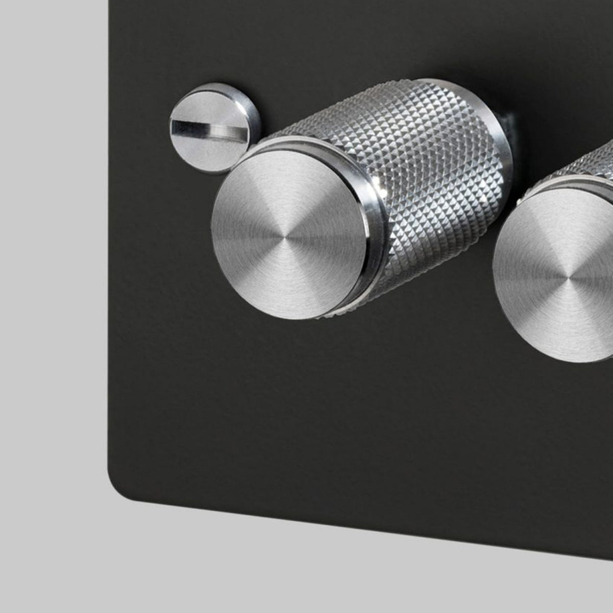 Three Gang 2-Way Dimmer Light Switch in Smoked Bronze & Steel with Knurled Knobs