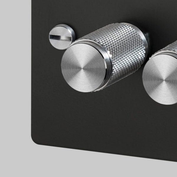 Three Gang 2-Way Dimmer Light Switch in Smoked Bronze & Steel with Knurled Knobs
