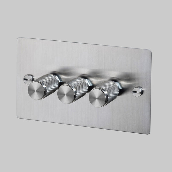 Three Gang 2-Way Dimmer Light Switch in Steel with Knurled Knobs