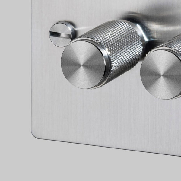 Three Gang 2-Way Dimmer Light Switch in Steel with Knurled Knobs
