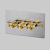 Three Gang 2-Way Dimmer Light Switch in Steel & Brass with Knurled Knobs