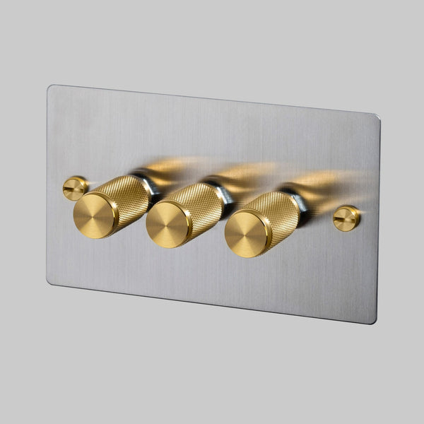 Three Gang 2-Way Dimmer Light Switch in Steel & Brass with Knurled Knobs