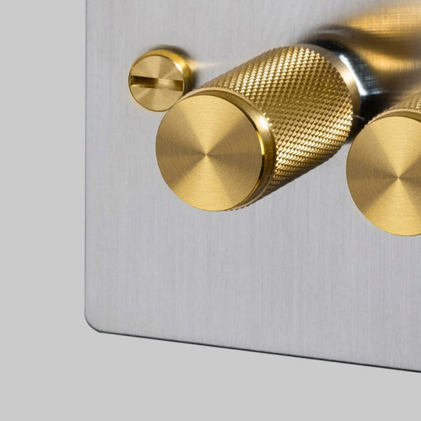 Three Gang 2-Way Dimmer Light Switch in Steel & Brass with Knurled Knobs