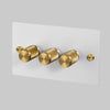 Three Gang 2-Way Dimmer Light Switch in White & Brass with Knurled Knobs