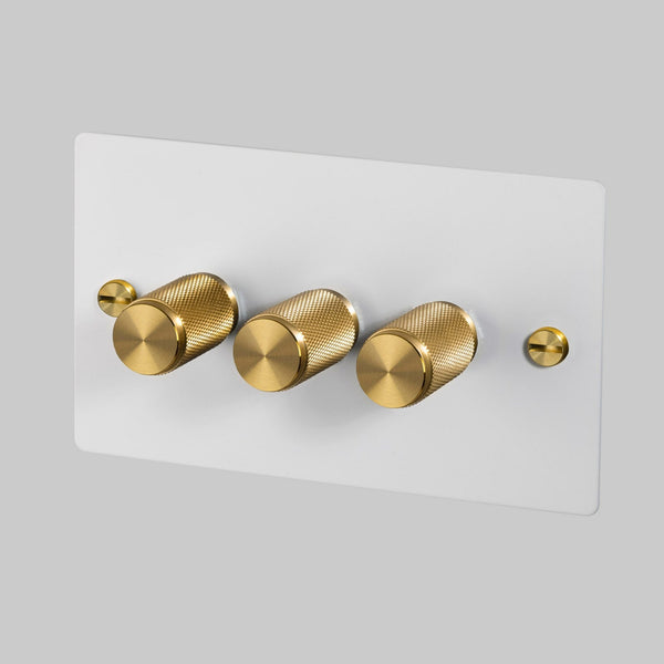 Three Gang 2-Way Dimmer Light Switch in White & Brass with Knurled Knobs