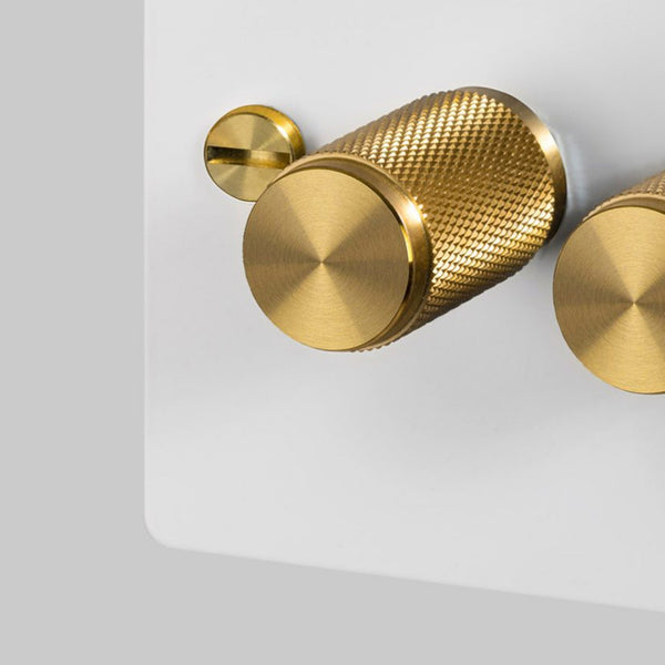 Three Gang 2-Way Dimmer Light Switch in White & Brass with Knurled Knobs