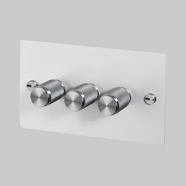 Three Gang 2-Way Dimmer Light Switch in White & Steel with Knurled Knobs