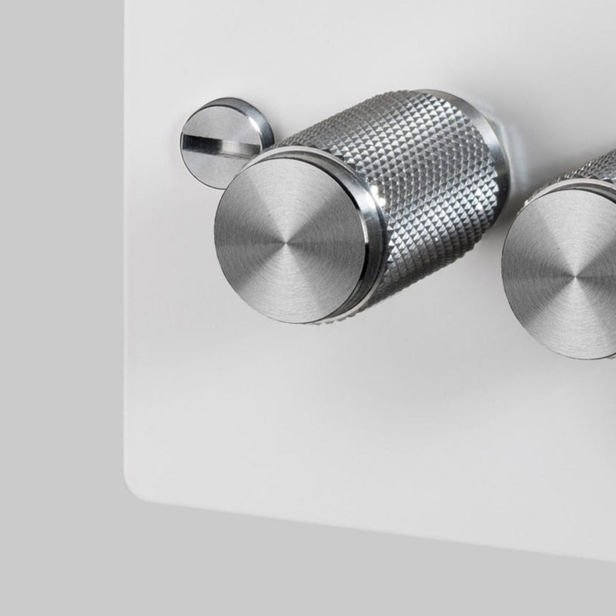 Three Gang 2-Way Dimmer Light Switch in White & Steel with Knurled Knobs