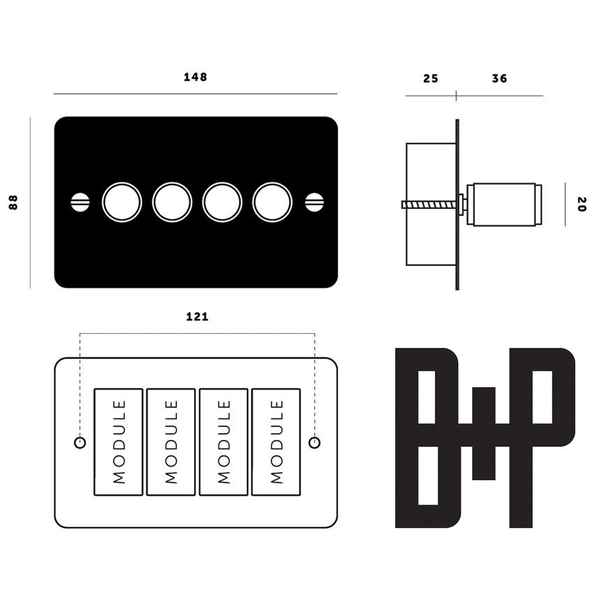 A diagram illustrating the dimensions of the four-gang dimmer switch.