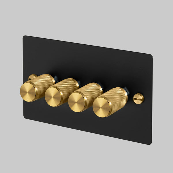 Four Gang 2-Way Dimmer Light Switch in Black & Brass with Knurled Knobs