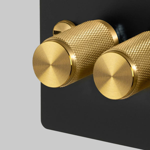 Four Gang 2-Way Dimmer Light Switch in Black & Brass with Knurled Knobs