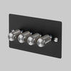 Four Gang 2-Way Dimmer Light Switch in Black & Steel with Knurled Knobs