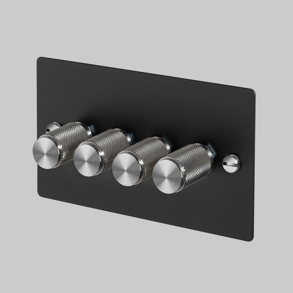 Four Gang 2-Way Dimmer Light Switch in Black & Steel with Knurled Knobs